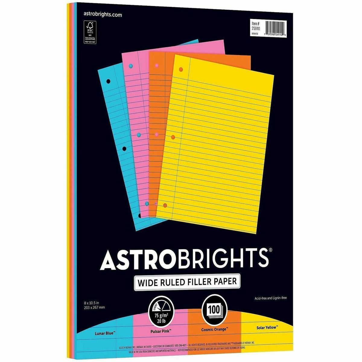 Astrobrights Filler Paper - 100 Sheets - Wide Ruled Front Ruling - 3 Hole(s) - 24 lb Basis Weight - 8" x 10 1/2" Sheet Size - Neon Blue Paper - Hole-punched, Acid-free - 100 / Pack