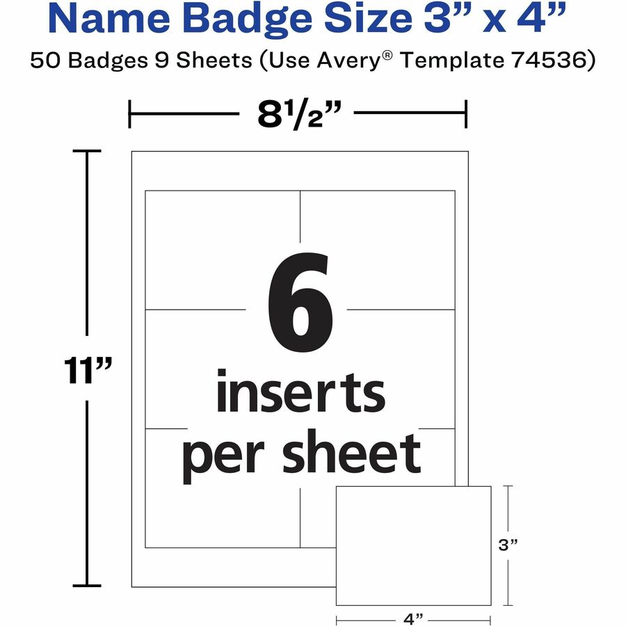Avery® Top-Loading Clip-Style Name Badges - Letter - 8 1/2" x 11" - Flexible, Reusable, Durable, Printable, Self-adhesive - White - 9 Sheets - 50 / Pack
