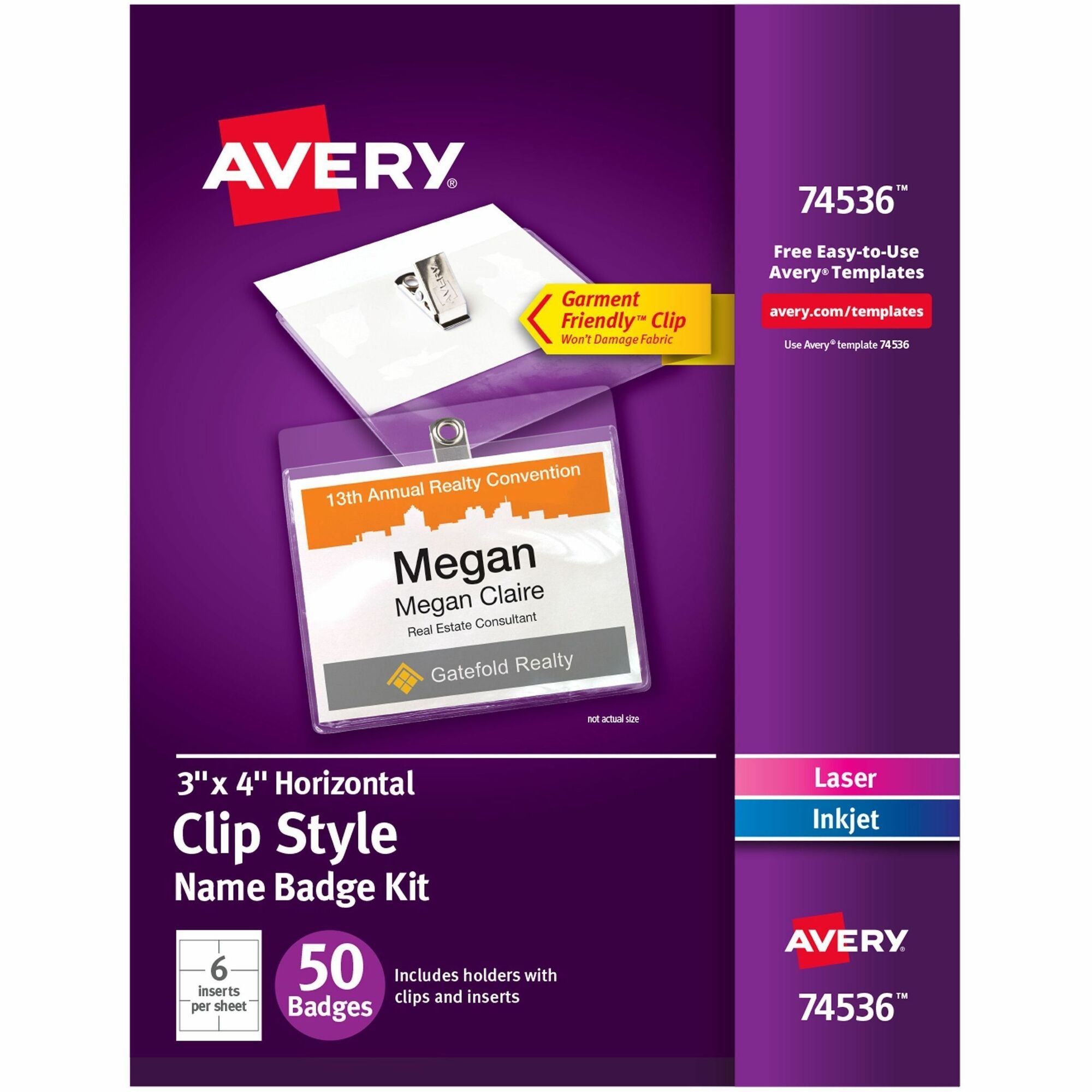 Avery® Top-Loading Clip-Style Name Badges - Letter - 8 1/2" x 11" - Flexible, Reusable, Durable, Printable, Self-adhesive - White - 9 Sheets - 50 / Pack