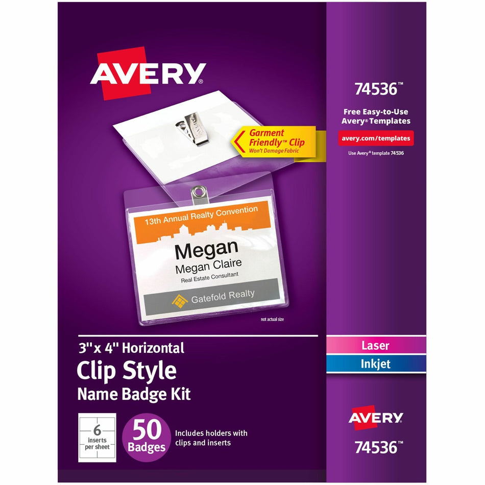 Avery® Top-Loading Clip-Style Name Badges - Letter - 8 1/2" x 11" - Flexible, Reusable, Durable, Printable, Self-adhesive - White - 9 Sheets - 50 / Pack