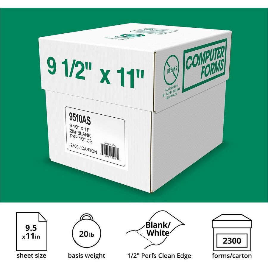 Domtar Continuous Paper - 9 1/2" x 11" - 20 lb Basis Weight - Acid-free, Carbonless, Perforated, Break Resistant, Fade Resistant, Uncoated - White - 1 Case