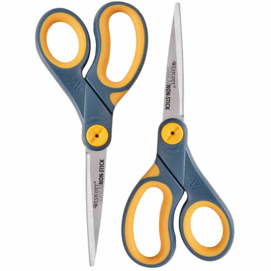 Westcott Titanium Bonded Non-Stick Scissors, 8" , Pointed, Gray/Yellow, Pack Of 2 - 8" Cutting Length - Left/Right - Stainless Steel - Pointed Tip - Gray, Yellow - 2 / Pack