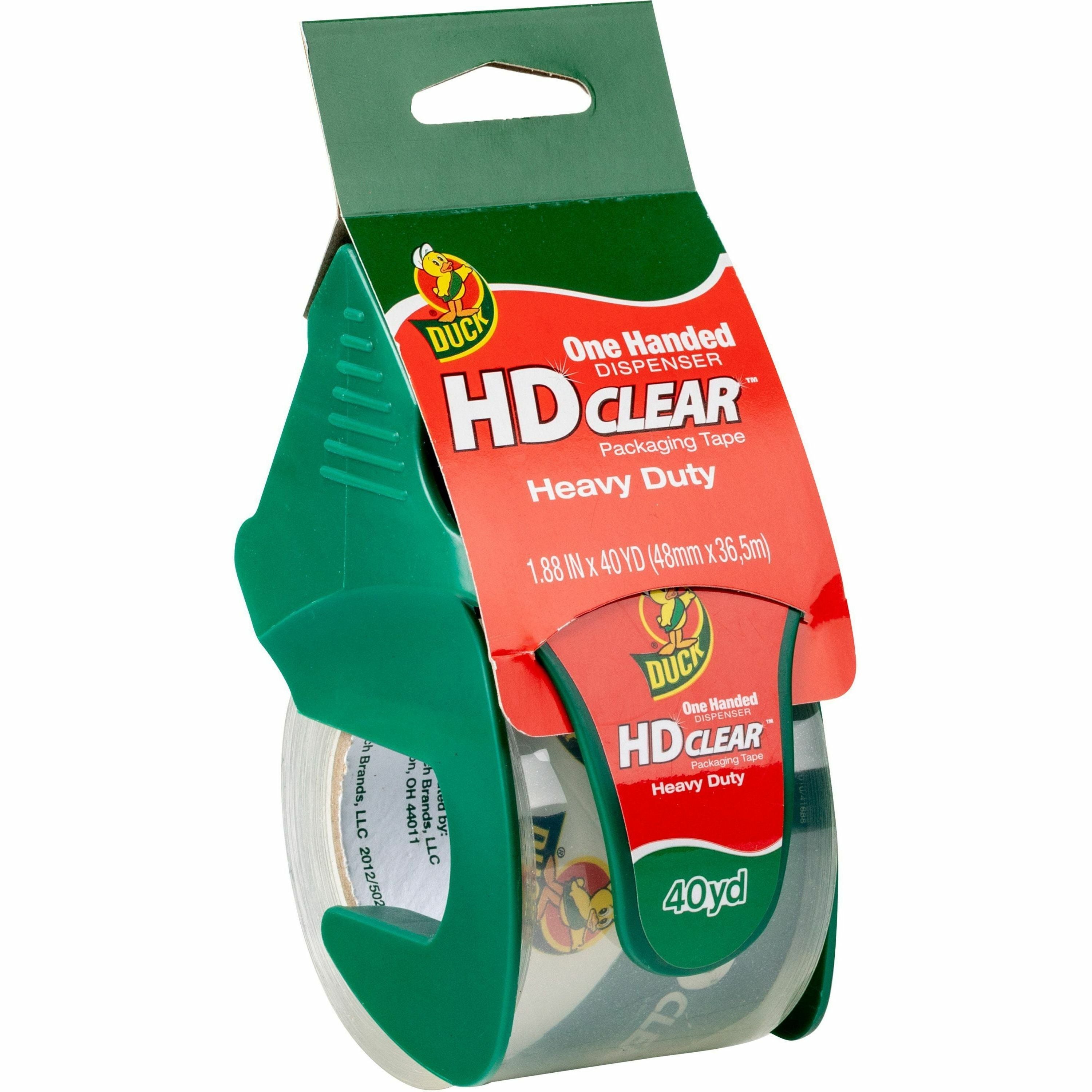 Duck Brand HD Clear Heavy-Duty Packaging Tape, With Dispenser, 1.88" x 40 Yd., Clear - 40 yd Length x 1.88" Width x 2.6 mil Thickness - 1 1/2" Core - Clear - Acrylic - Dispenser Included - Handheld Dispenser - 1 Roll