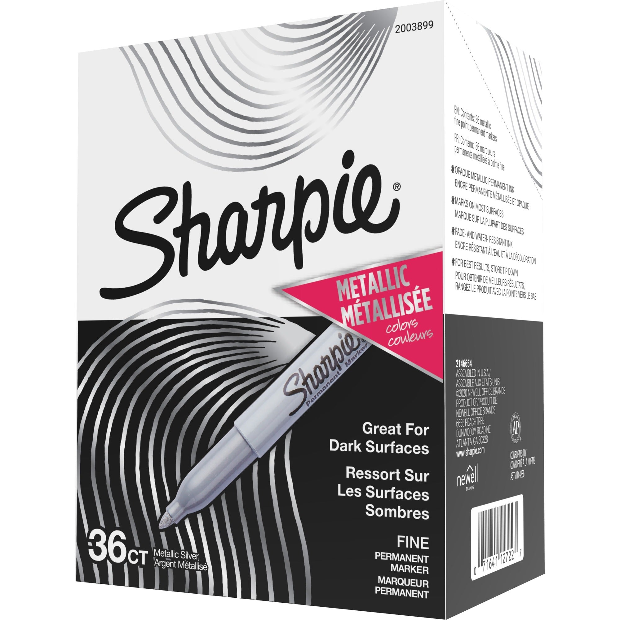 Sharpie Metallic Permanent Markers - Fine Marker Point - Metallic Silver Ink - Liquid - Gray Barrel - 36 / Box