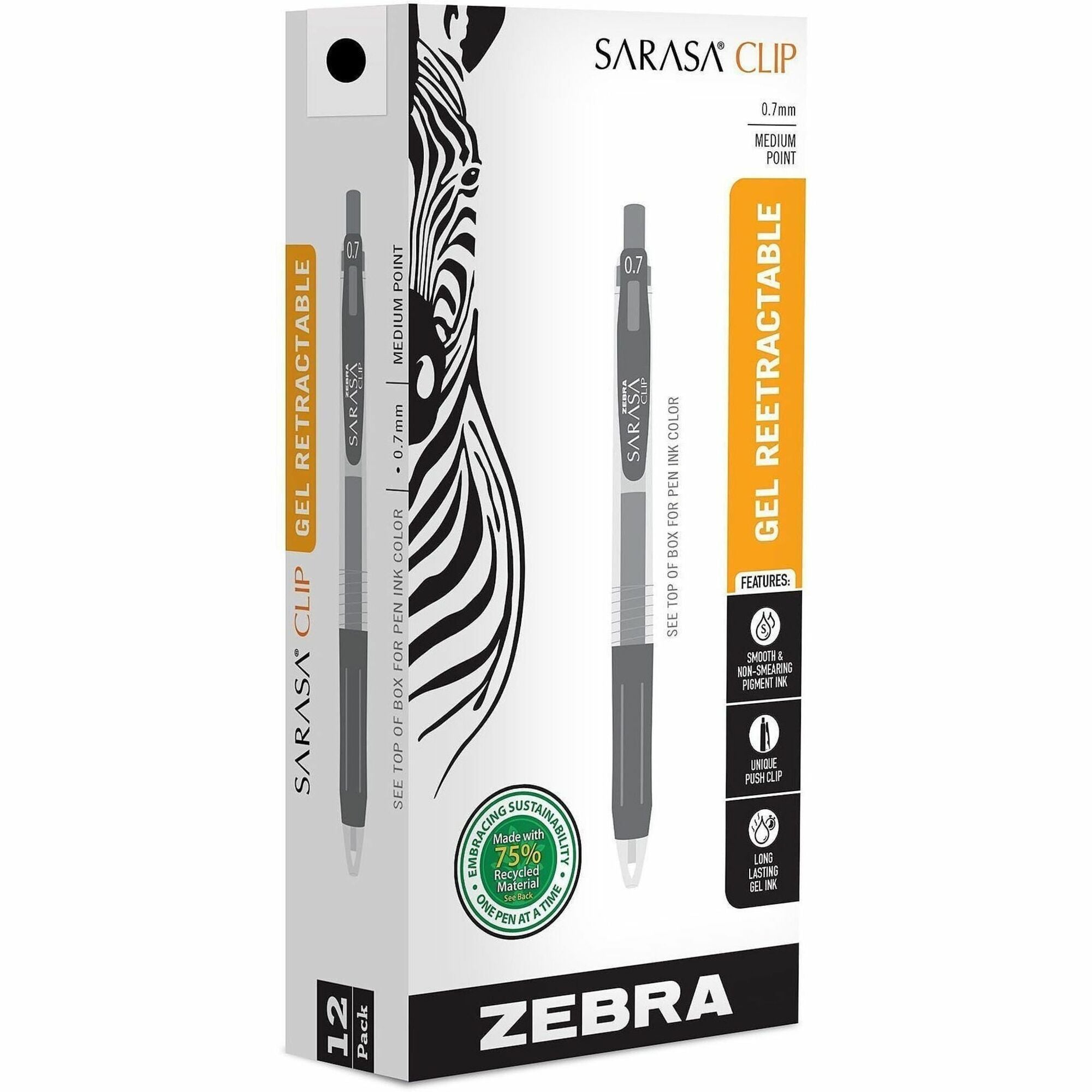 Zebra Pen SARASA Clip Retractable Gel Pen - 0.7 mm Pen Point - Retractable - Black Ink - Water Based, Pigment-based, Gel-based - 1 Dozen