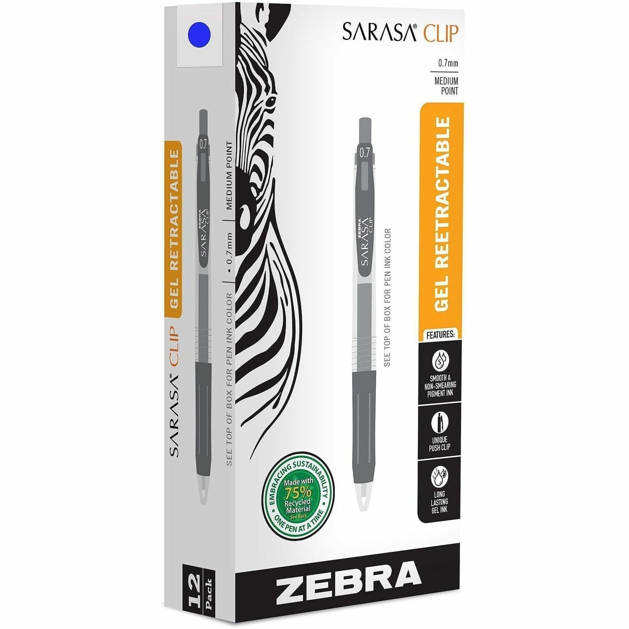 Zebra SARASA Clip Retractable Gel Pen - 0.7 mm Pen Point - Retractable - Blue Ink - Water Based, Pigment-based, Gel-based - 1 Dozen
