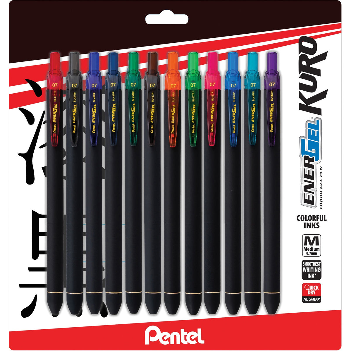 EnerGel Kuro Liquid Gel Retractable Pens - 0.7 mm Pen Point - Retractable - Assorted Ink - Liquid Gel Ink - Rubberized Barrel - 12 / Pack