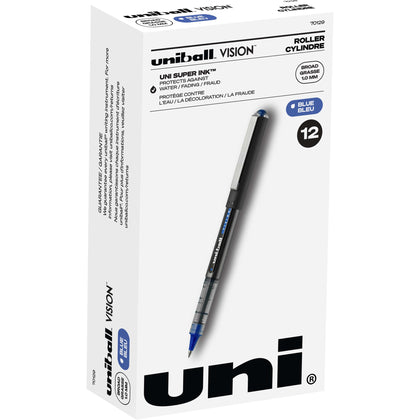 uniball™ Vision Rollerball Pen - 1 mm Broad Pen Point - Blue Ink - Black, Blue Barrel - 1 Dozen