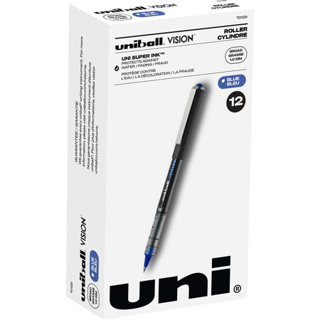 uniball&#8482; Vision Rollerball Pen - 1 mm Broad Pen Point - Blue Ink - Black, Blue Barrel - 1 Dozen