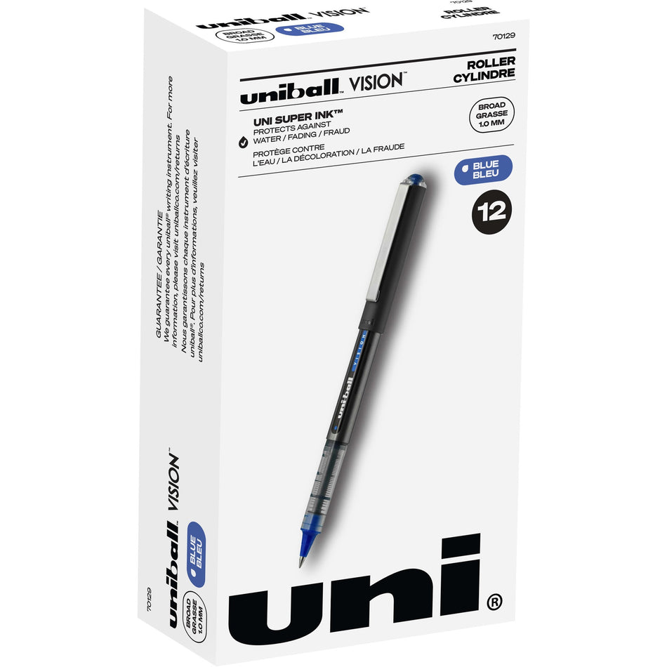 uniball&#8482; Vision Rollerball Pen - 1 mm Broad Pen Point - Blue Ink - Black, Blue Barrel - 1 Dozen