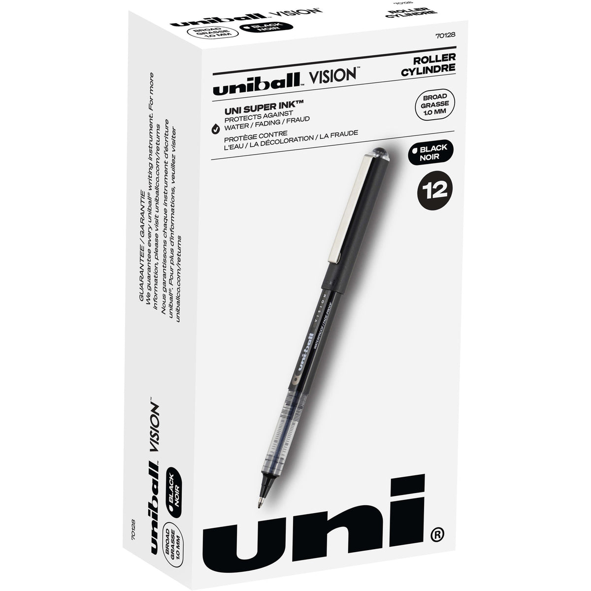uniball&#8482; Vision Rollerball Pen - 1 mm Broad Pen Point - Black Ink - Black Barrel - 1 Dozen