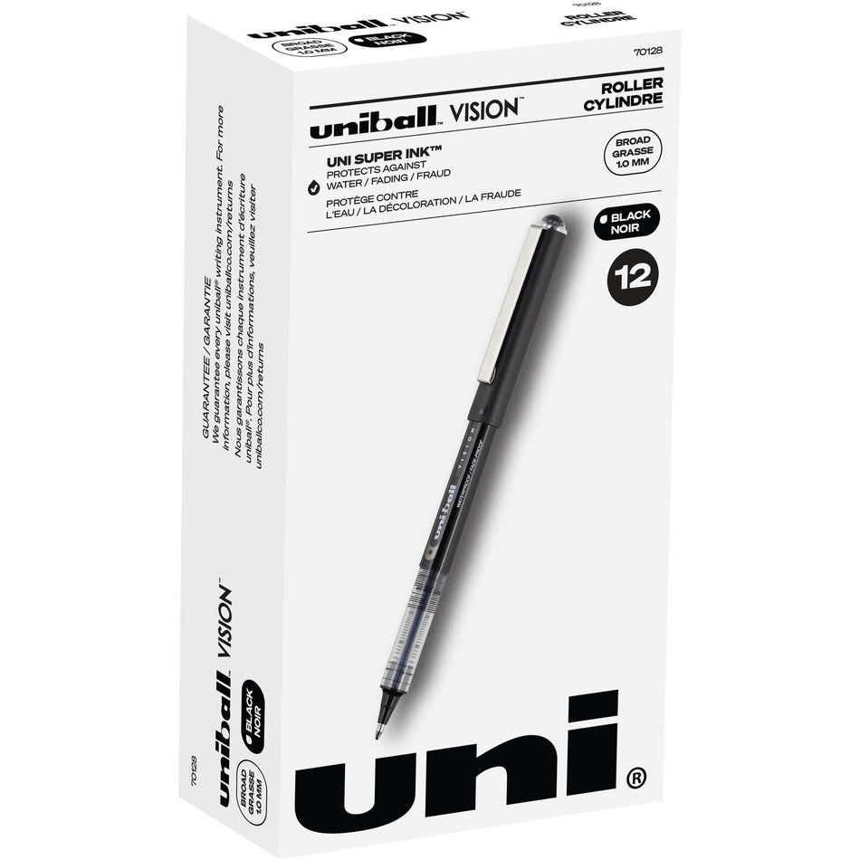 uniball&#8482; Vision Rollerball Pen - 1 mm Broad Pen Point - Black Ink - Black Barrel - 1 Dozen