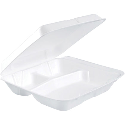 Dart Insulated Foam 3-Compartment Containers - 8x7.5x2.3’’ - White - 200/Carton - Food Storage