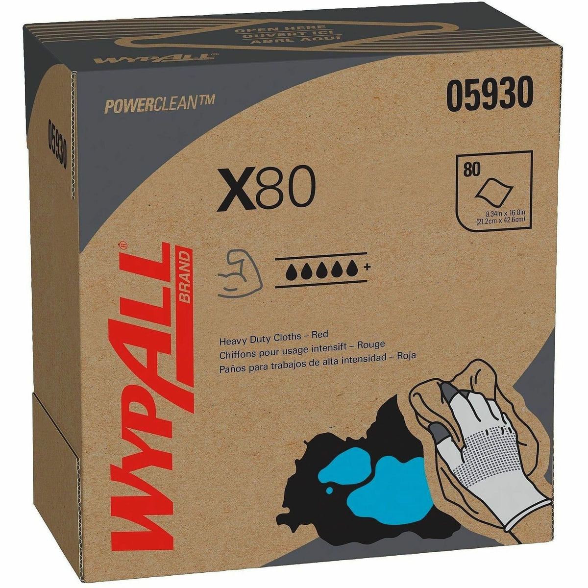 Wypall Power Clean X80 Heavy Duty Cloths - 16.80" Length x 8.34" Width - Absorbent, Durable, Reusable, Foldable, Contaminant-free, Durable - Red - 80/Box - 5 / Carton