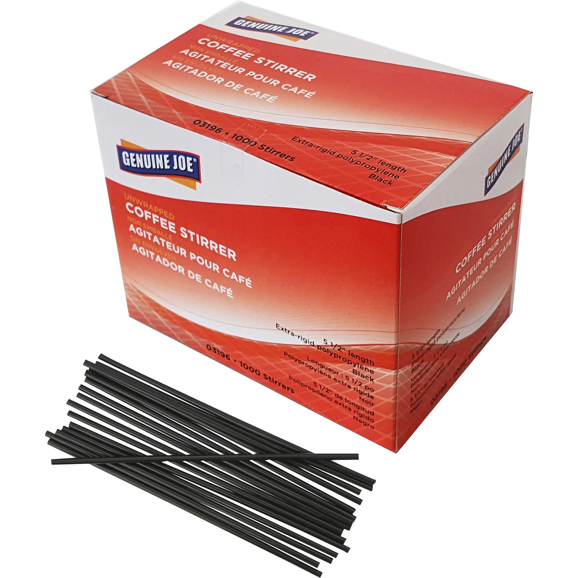 Genuine Joe Plastic Stirrers - 5.5" Length - Plastic, Polypropylene - Black - 1000 / Box