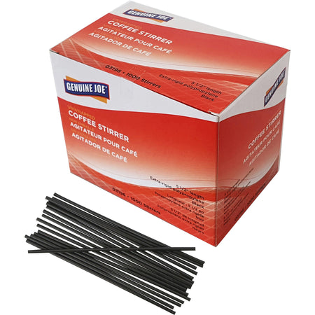 Genuine Joe Plastic Stirrers - 5.5" Length - Plastic, Polypropylene - Black - 1000 / Box