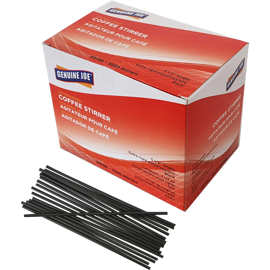 Genuine Joe Plastic Stirrers - 5.5" Length - Plastic, Polypropylene - Black - 1000 / Box
