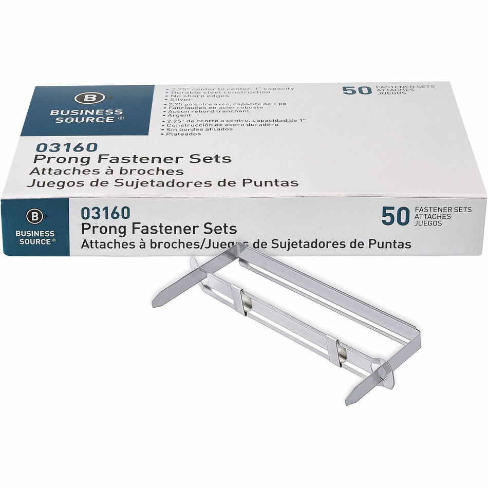 Business Source Prong Fastener - 5.5" Length x 3" Width - 1" Size Capacity - for Document, Paper - Durable, Smooth, Easy to Use - Silver - Steel - 50 / Box