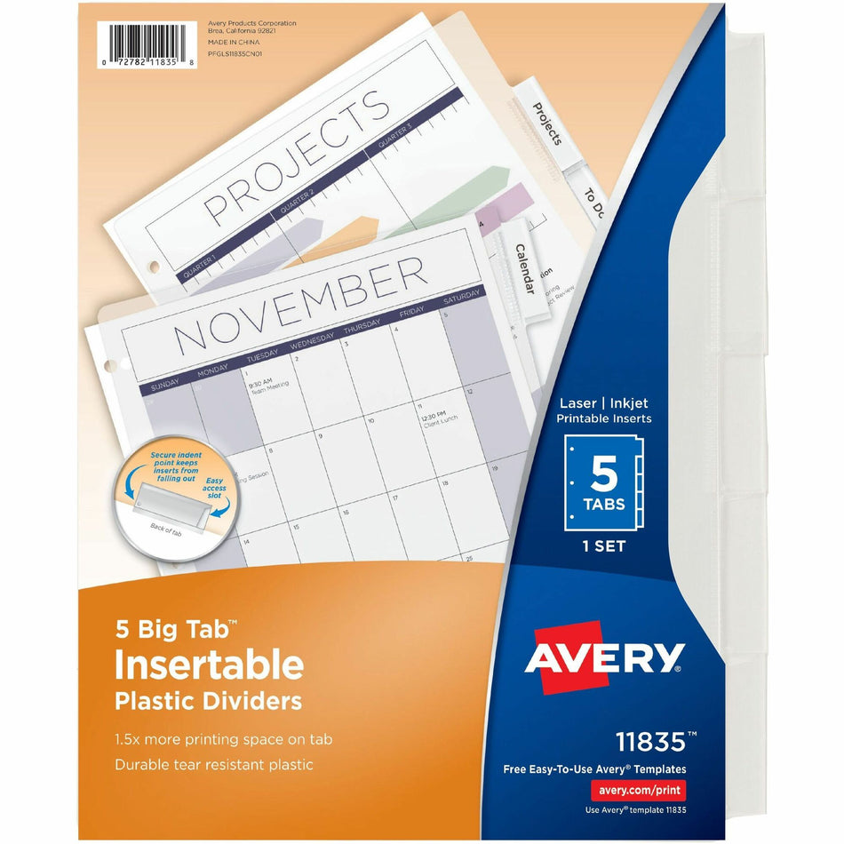 Avery® Big Tab Insertable Plastic Dividers - 5 x Divider(s) - 5 - 5 Tab(s)/Set - 8.5" Divider Width x 11" Divider Length - 3 Hole Punched - Clear Plastic Divider - Clear Plastic Tab(s) - 5 / Set