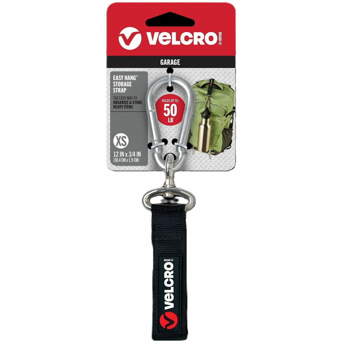 VELCRO®  Heavy Duty Storage Strap - Adjustable - Extra Small (XS) - Carabiner Attachment - 0.8" Height x 3.3" Width x 8.8" Length - Black - 1 Each