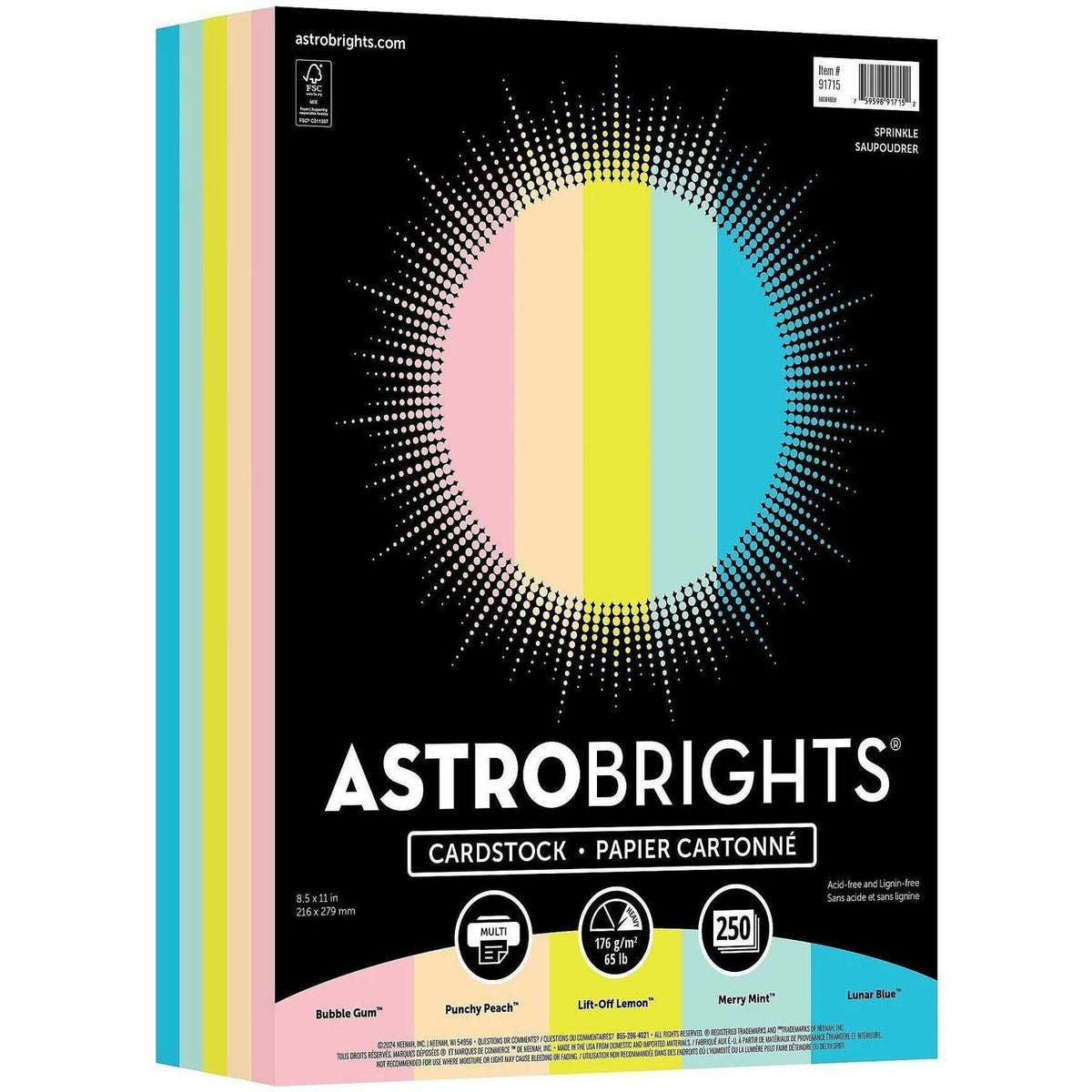 Neenah Cardstock Sprinkle Assortment - Letter - 8 1/2" x 11" - 65 lb Basis Weight - Heavyweight, Acid-free, Lignin-free - Merry Mint, Lift-off Lemon, Bubble Gum, Punchy Peach, Lunar, Blue - 250 / Pack