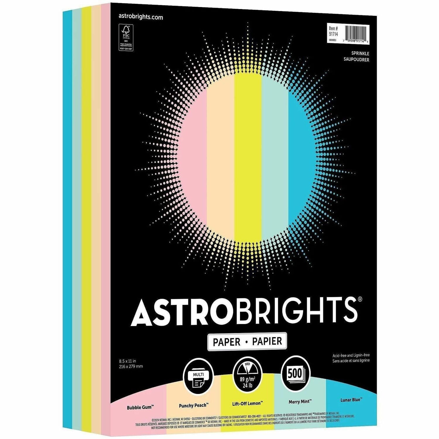 Astrobrights Sprinkle Assortment Copy Paper - Letter - 8 1/2" x 11" - 24 lb Basis Weight - Smooth - Heavyweight, Acid-free, Lignin-free - Bubble Gum, Lunar Blue, Merry Mint, Lift-off Lemon, Punchy Peach - 500 / Ream