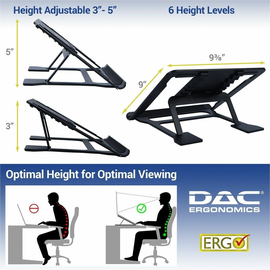 DAC® MP-224 Portable Laptop Stand: 6 Height Levels, Aluminum Alloy - Black