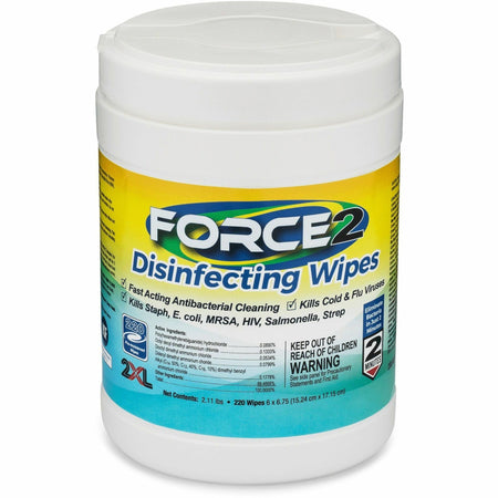 2XL FORCE2 Disinfecting Wipes - 6.75" Length x 6" Width - Fast Acting, Non-toxic, Non-irritating, Pre-moistened, Alcohol-free, Phenol-free, Bleach-free, Ammonia-free - White - 220/Tub - 1 Each