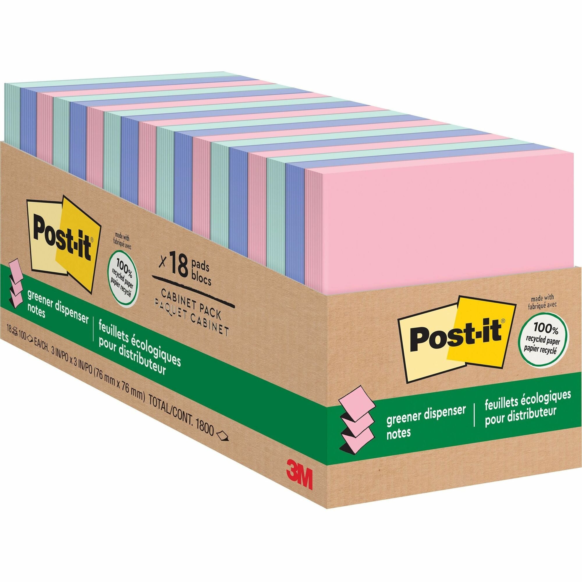 Post-it® Greener Dispenser Notes - 3" Flag/Note Width x 3" Flag/Note Length - Square - 100 Sheets per Pad - Positively Pink, Fresh Mint, Moonstone - Paper - Self-stick, Removable, Recyclable, Pop-up, Residue-free, Eco-friendly - Recycled - 18 / Pack