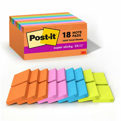 Post-it® Super Sticky Notes - Energy Boost Collection - 2’’ Square - 90 Sheets - Multicolor - 18 Pack - Adhesive &