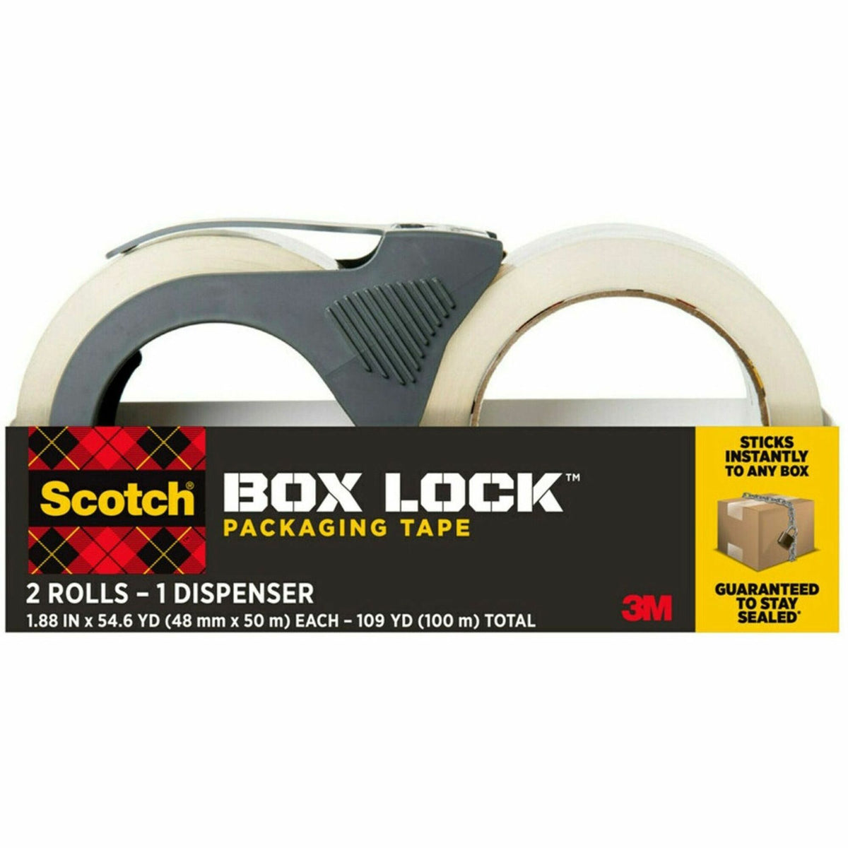 Scotch Box Lock Dispenser Packaging Tape - 55 yd Length x 1.88" Width - Clear - Dispenser Included - 2 / Pack