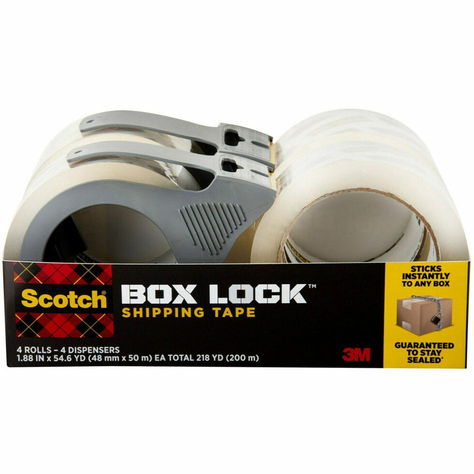 Scotch Box Lock Dispenser Packaging Tape - 55 yd Length x 1.88" Width - Clear - Dispenser Included - 4 / Pack
