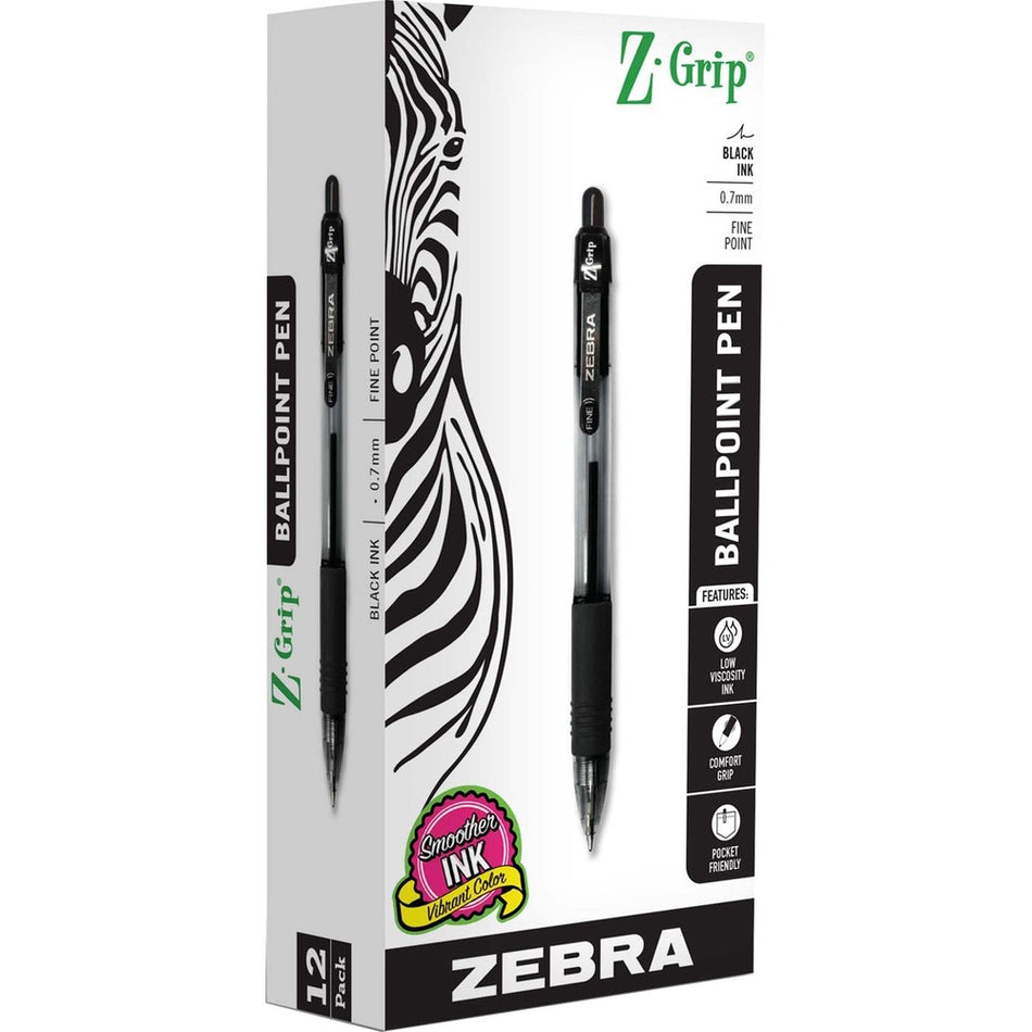 Zebra Pen Z-Grip Retractable Ballpoint Pens - 0.7 mm Pen Point - Retractable - Black Ink - 1 Dozen