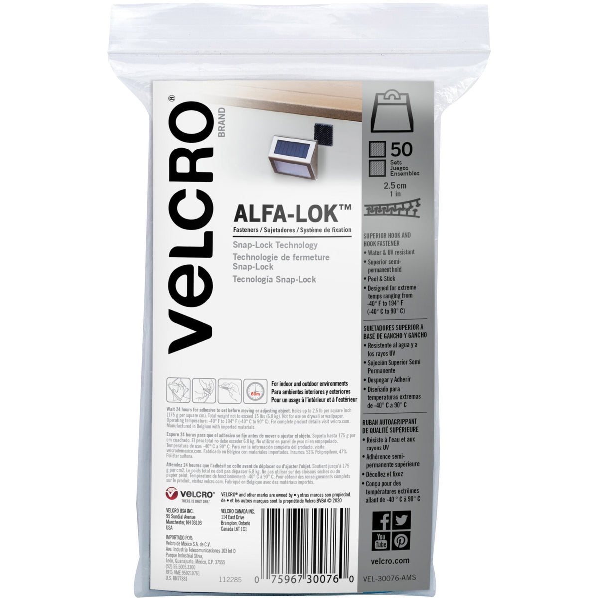 VELCRO®  Alfa-Lok Fasteners - 1" Length x 1" Width - 50 / Pack