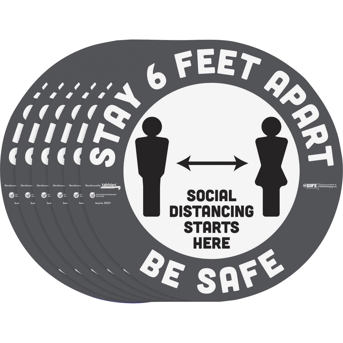 Tabbies BeSafe STAY 6 FEET APART Floor Decals - Print/Message "Stay 6 Feet Apart" - 12" Width x 12" Height - Circle Shape - Easy Readability, Removable, Pressure Sensitive, Adhesive, Adjustable, Non-slip - Acrylic, Vinyl - Gray, White - 6 / Pack