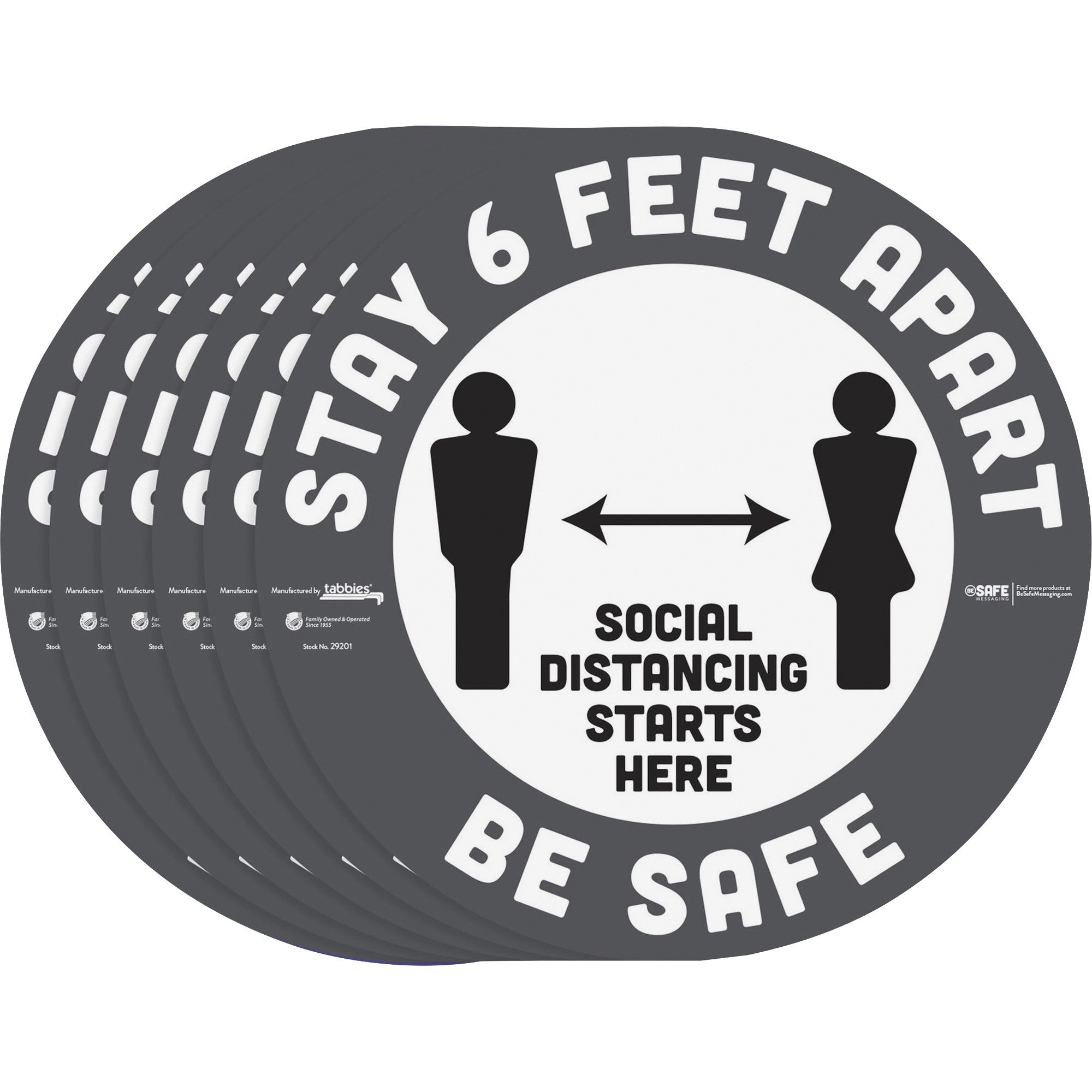 Tabbies BeSafe STAY 6 FEET APART Floor Decals - Print/Message "Stay 6 Feet Apart" - 12" Width x 12" Height - Circle Shape - Easy Readability, Removable, Pressure Sensitive, Adhesive, Adjustable, Non-slip - Acrylic, Vinyl - Gray, White - 6 / Pack