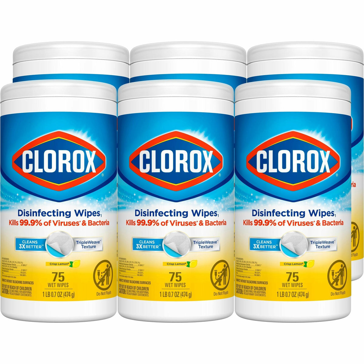 Clorox Disinfecting Cleaning Wipes Value Pack - Bleach-free - Ready-To-Use - Crisp Lemon Scent - Anti-bacterial - White - 75/Tub - 6 / Carton