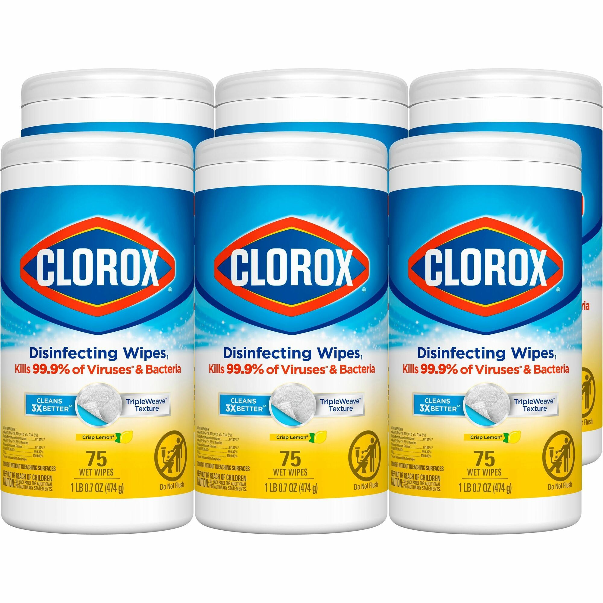Clorox Disinfecting Cleaning Wipes Value Pack - Bleach-free - Ready-To-Use - Crisp Lemon Scent - Anti-bacterial - White - 75/Tub - 6 / Carton