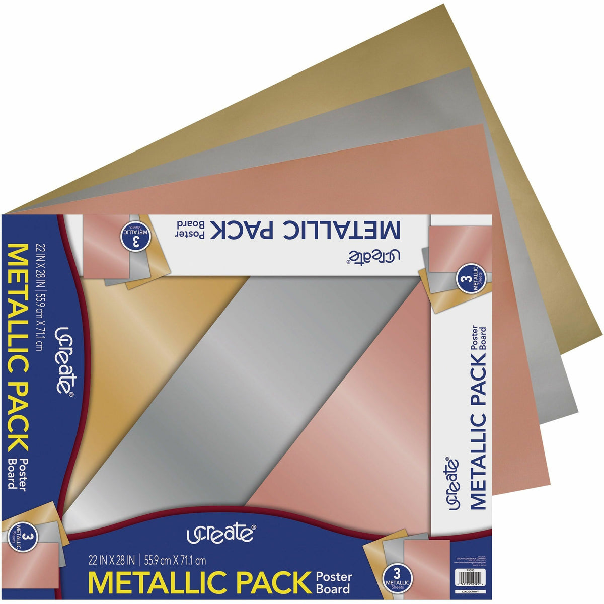 UCreate Metallic Poster Board - Craft Project, Art Project, Mounting, Poster, Sign, Display - 22" Width x 28" Length - Assorted Metallic - 3 / Pack