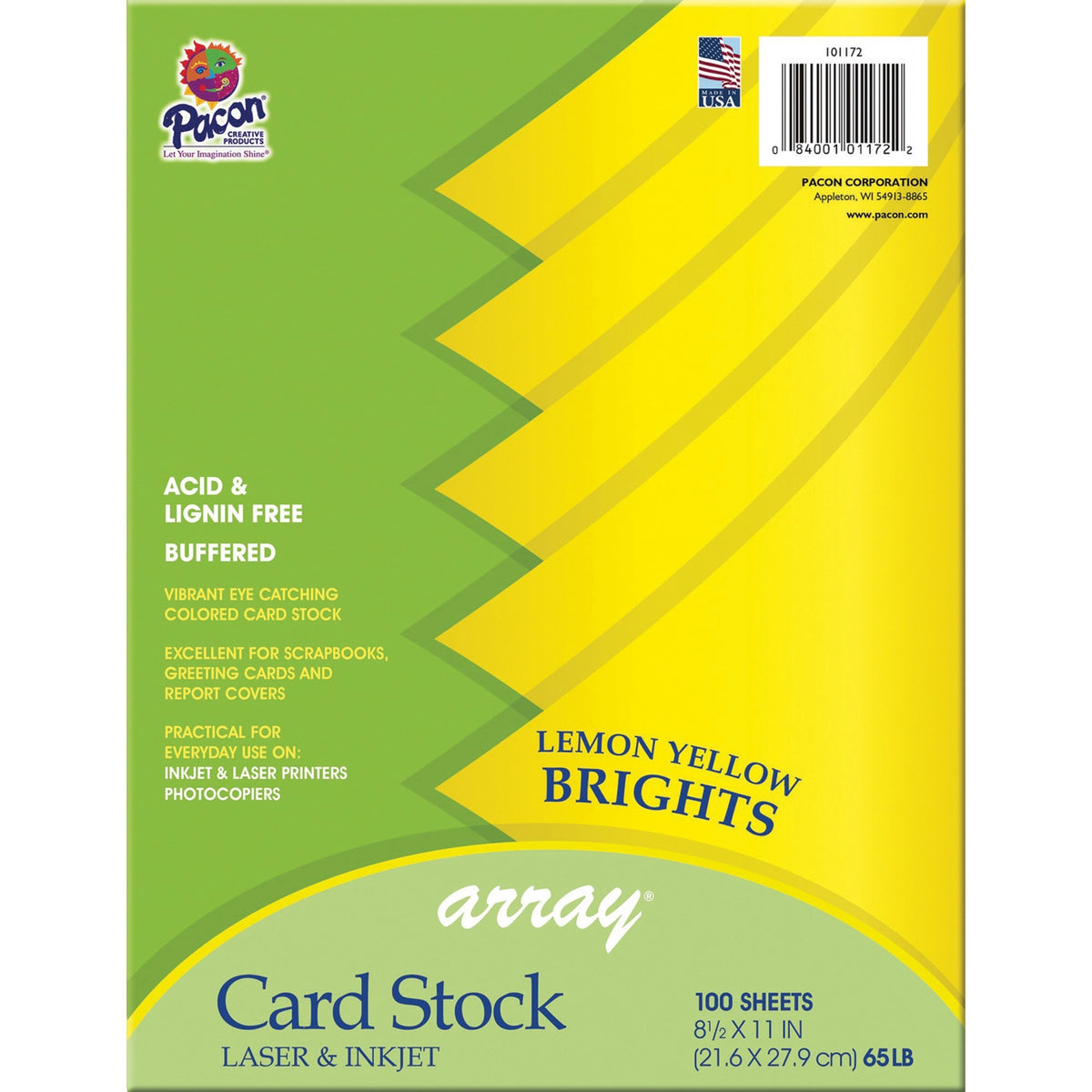 Pacon Color Brights Cardstock - Lemon Yellow - Letter - 8 1/2" x 11" - 65 lb Basis Weight - Acid-free, Recyclable, Lignin-free, Buffered - Lemon Yellow - 100 / Pack
