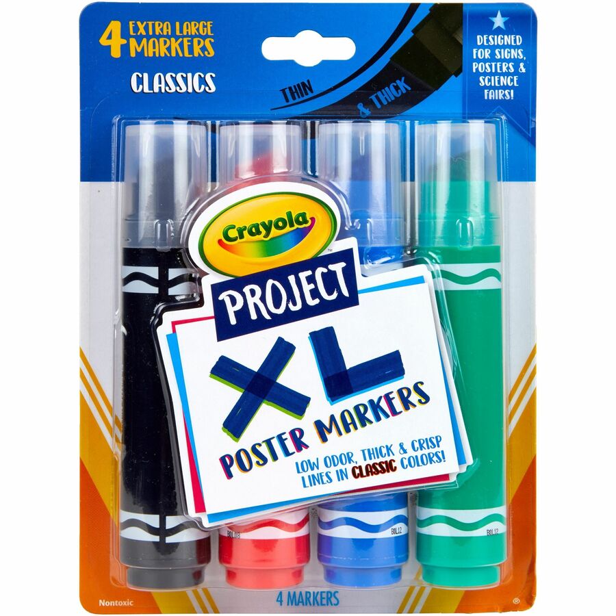 Crayola XL Classic Poster Markers - Bold Chisel Marker Point - Washable - Black, Green, Blue, Red Ink - 4 / Pack