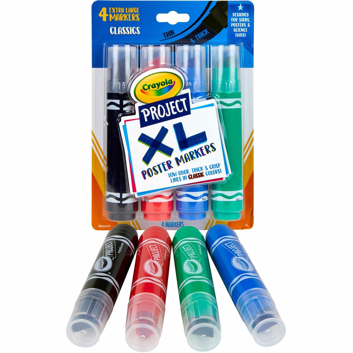 Crayola XL Classic Poster Markers - Bold Chisel Marker Point - Washable - Black, Green, Blue, Red Ink - 4 / Pack