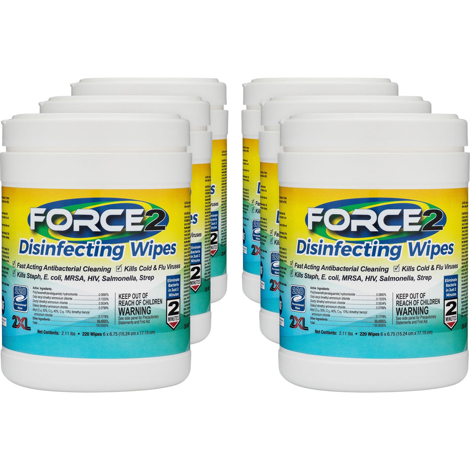 2XL FORCE2 Disinfecting Wipes - 6.75" Length x 6" Width - Fast Acting, Non-toxic, Non-irritating, Pre-moistened, Alcohol-free, Phenol-free, Bleach-free, Ammonia-free - White - 220/Tub - 6 / Carton
