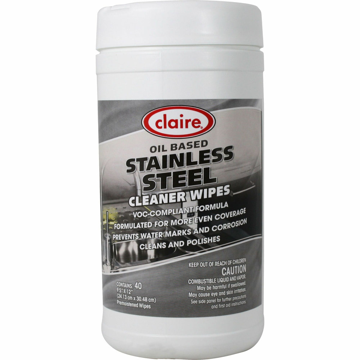 Claire Stainless Steel Wipe - Ready-To-Use - Citrus Scent - 12" Length x 9.50" Width - Pre-moistened - Purple - 40/Tub - 1 Each