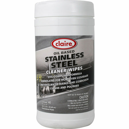 Claire Stainless Steel Wipe - Ready-To-Use - Citrus Scent - 12" Length x 9.50" Width - Pre-moistened - Purple - 40/Tub - 1 Each