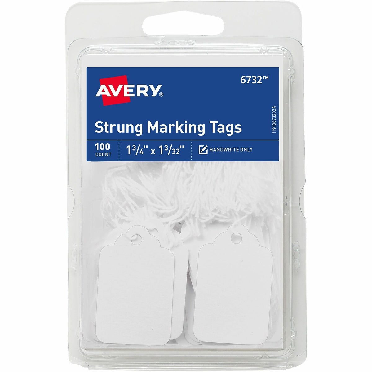 Avery® Marking Tags, Strung, 1-3/4" x 1-3/32" , 100 Tags (6732) - 1.75" Length x 1.09" Width - Rectangular - String Fastener - Card Stock - White - 100/Pack - 36 / Carton