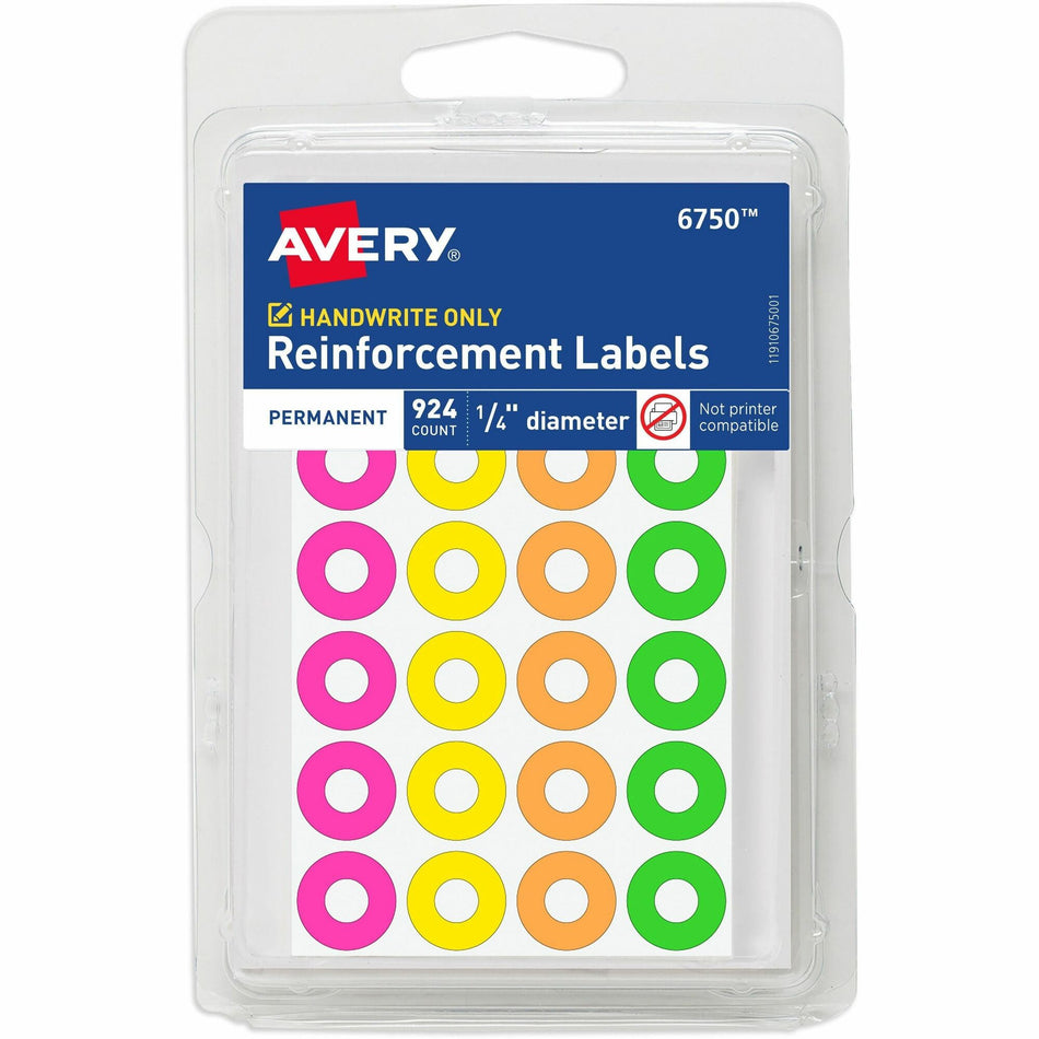 Avery® Reinforcement Stickers, 1/4" , Neon, 924 Total (6750) - 0.3" Diameter - 3 x Holes - Round - Assorted - Paper - 924/Pack - 36 / Carton