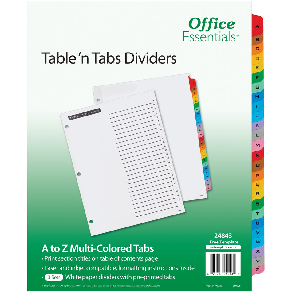 Avery® Table 'n Tabs Multicolored Tab A-Z Dividers - 288 x Divider(s) - 288 Tab(s) - A-Z - 26 Tab(s)/Set - 8.5" Divider Width x 11" Divider Length - 3 Hole Punched - White Paper Divider - Multicolor Paper Tab(s) - 3/Pack - 12 / Carton