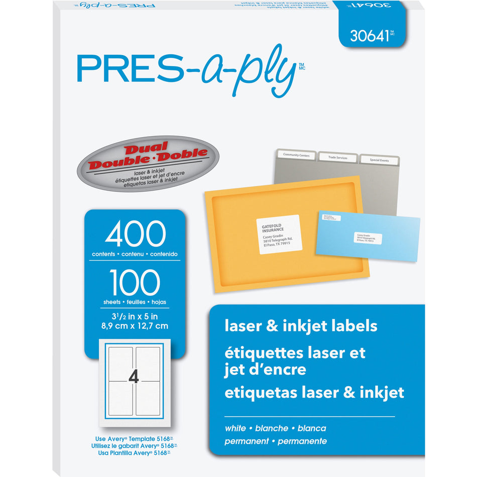 PRES-a-ply White Labels, 3-1/2" x 5" , Permanent-Adhesive, 4-up, 400 labels - - HeightPermanent Adhesive - Rectangle - Laser, Inkjet - White - Paper - 4 / Sheet - 100 Total Sheets - 400 Total Label(s) - 1