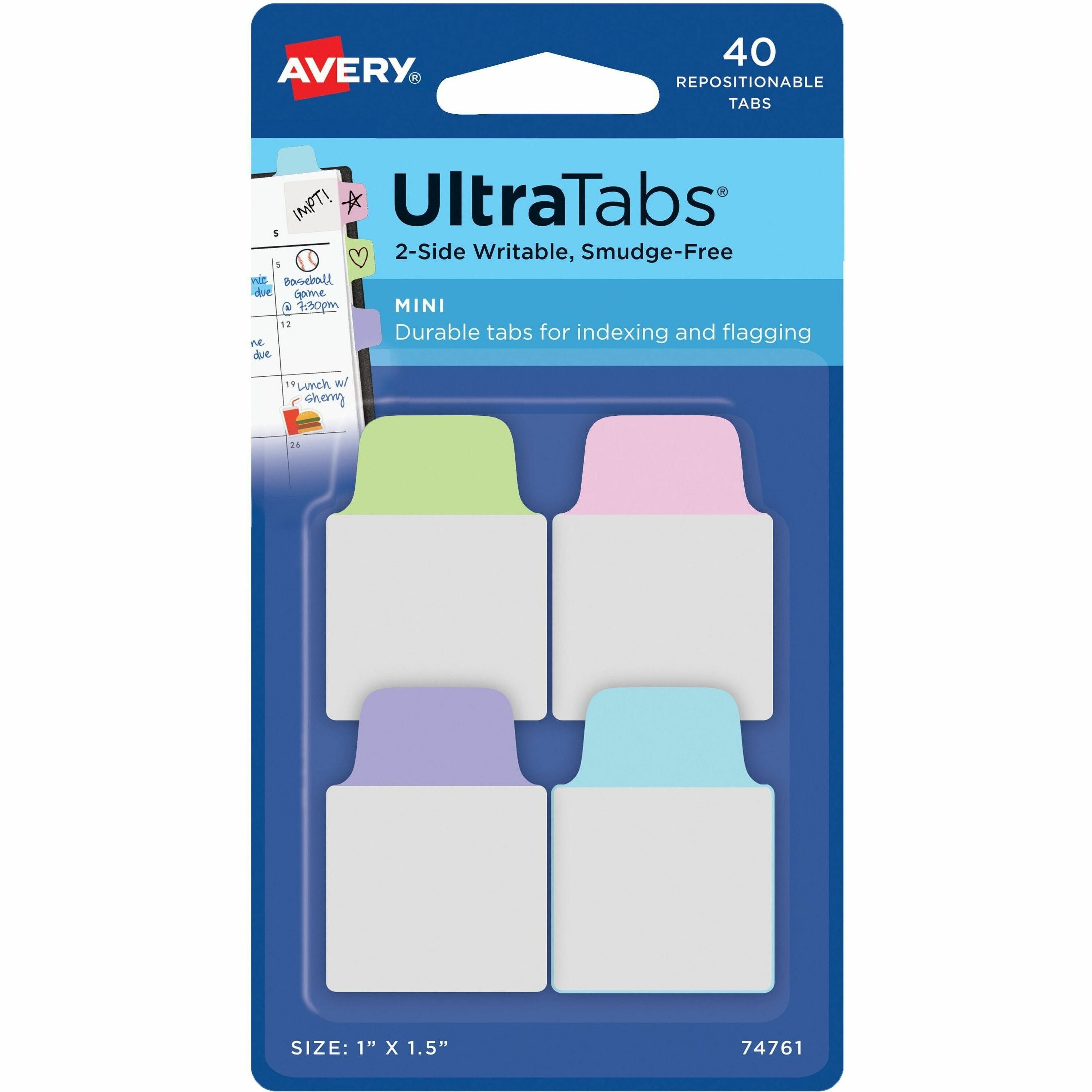 Avery®  Ultra Tabs File Tab - 40 Tab(s) - 1.50" Tab Height x 1" Tab Width - Clear Film, Pastel Purple Paper, Pastel Blue, Pastel Pink, Pastel Green Tab(s) - 40 Pack - 72 / Carton